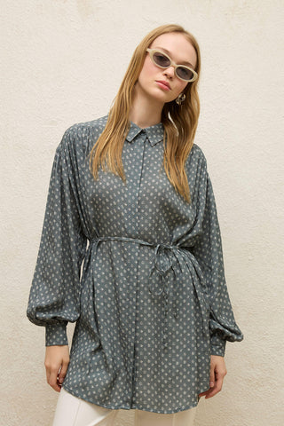 Patterned Viscose Belt Shirt Crispy Flower Indigo