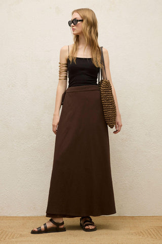 Cotton Tie-Waist Wrap Skirt Dark Brown