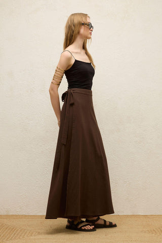 Cotton Tie-Waist Wrap Skirt Dark Brown
