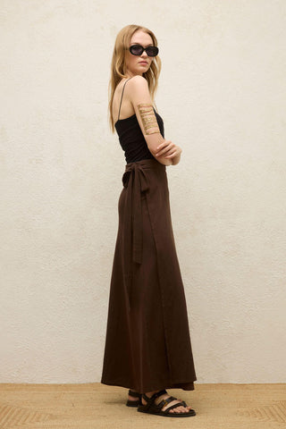 Cotton Tie-Waist Wrap Skirt Dark Brown