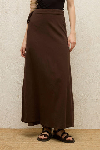 Cotton Tie-Waist Wrap Skirt Dark Brown