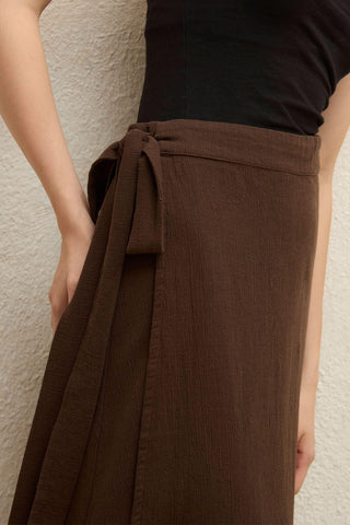 Cotton Tie-Waist Wrap Skirt Dark Brown