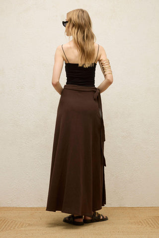 Cotton Tie-Waist Wrap Skirt Dark Brown