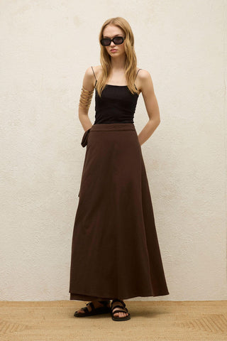 Cotton Tie-Waist Wrap Skirt Dark Brown