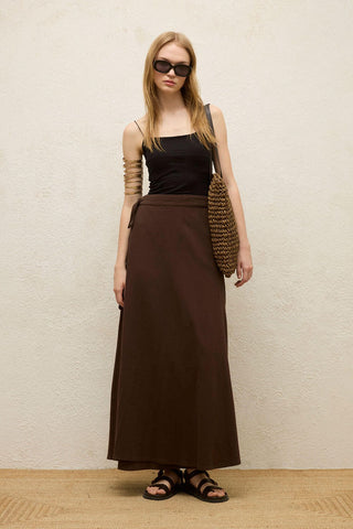 Cotton Tie-Waist Wrap Skirt Dark Brown