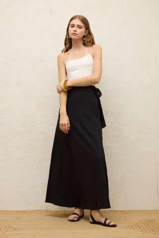 Cotton Tie-Waist Wrap Skirt Black