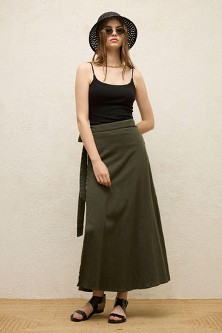 Cotton Tie-Waist Wrap Skirt Emerald