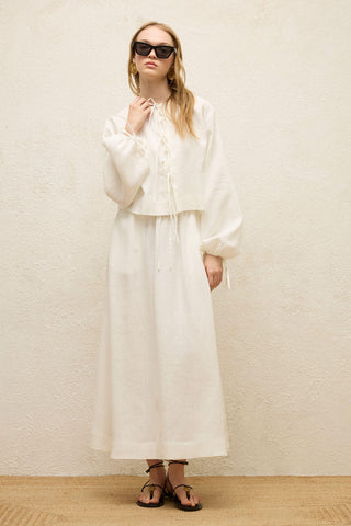 Linen Lace-Up Blouse Ecru