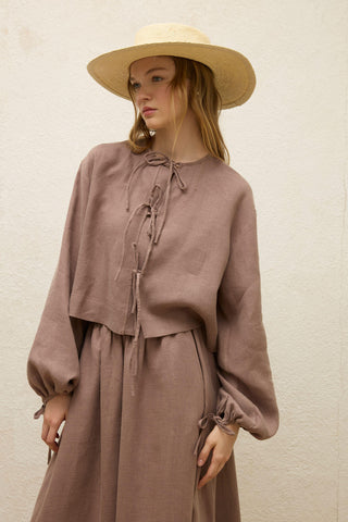 Keten Bağcıklı Bluz Toz Pembe