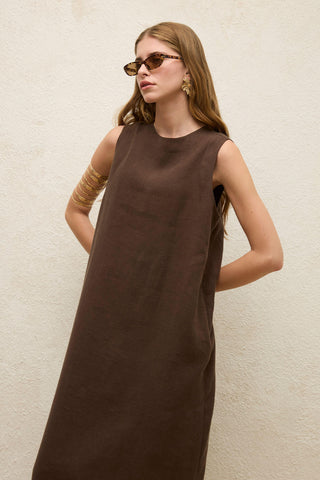 Sleeveless Linen Relaxed Dress Dark Brown