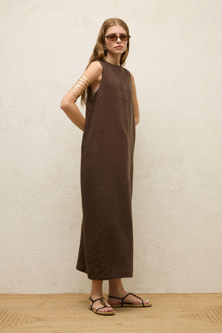 Sleeveless Linen Relaxed Dress Dark Brown