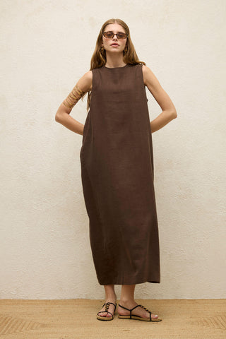 Sleeveless Linen Relaxed Dress Dark Brown
