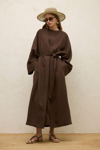 Long Linen Kimono Jacket Dark Brown