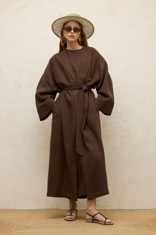 Long Linen Kimono Jacket Dark Brown