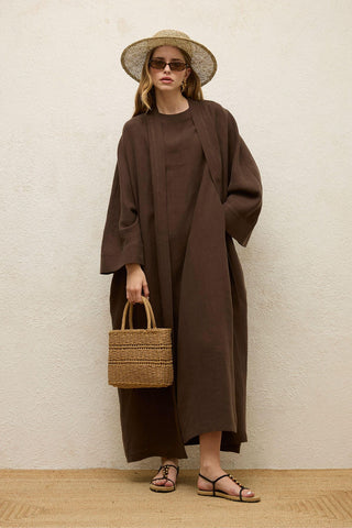 Long Linen Kimono Jacket Dark Brown