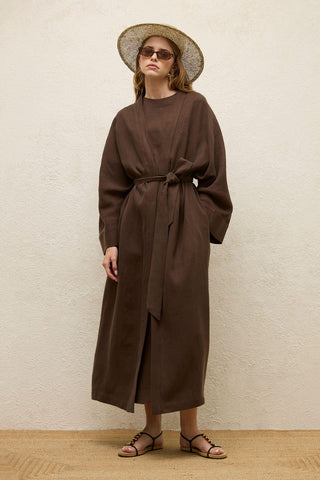 Long Linen Kimono Jacket Dark Brown