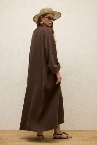 Long Linen Kimono Jacket Dark Brown