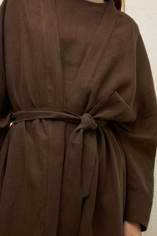 Long Linen Kimono Jacket Dark Brown