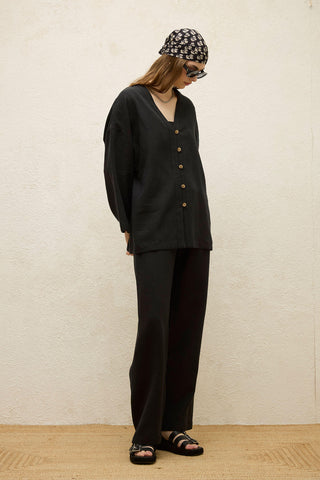 Buttoned Linen Shirt Black