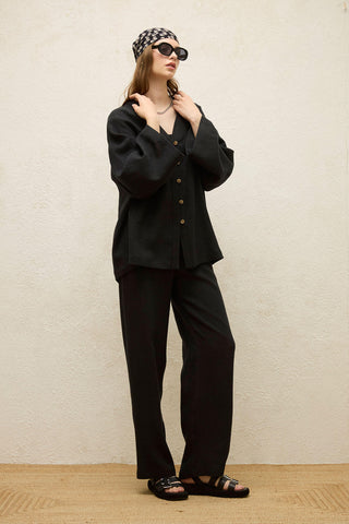 Buttoned Linen Shirt Black