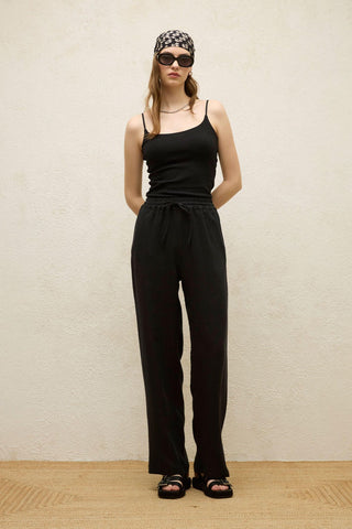 Relaxed Linen Pants With Pockets Black
