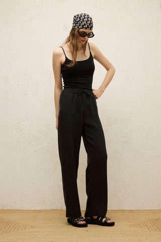 Relaxed Linen Pants With Pockets Black