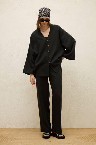 Relaxed Linen Pants With Pockets Black