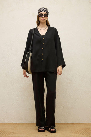 Relaxed Linen Pants With Pockets Black