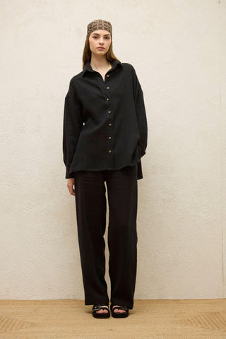 Linen Oversize Buttoned Shirt Black