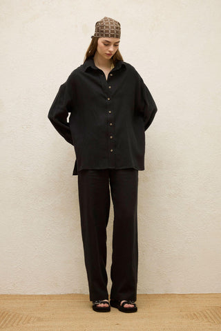 Linen Oversize Buttoned Shirt Black