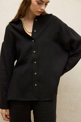 Linen Oversize Buttoned Shirt Black