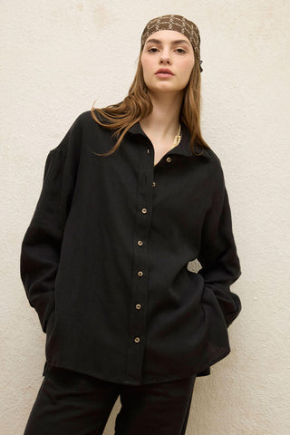 Linen Oversize Buttoned Shirt Black