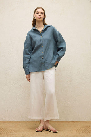 Linen Oversize Buttoned Shirt Indigo