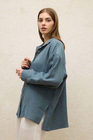 Linen Oversize Buttoned Shirt Indigo