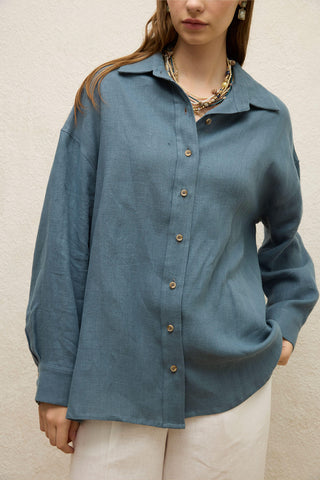 Linen Oversize Buttoned Shirt Indigo