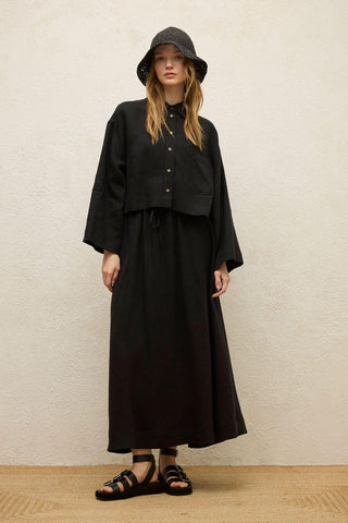 Long Sleeve Linen Crop Shirt Black