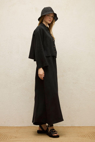 Long Sleeve Linen Crop Shirt Black