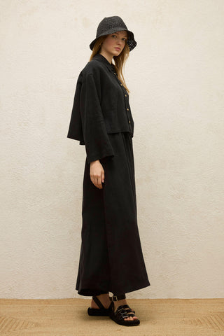 Long Sleeve Linen Crop Shirt Black
