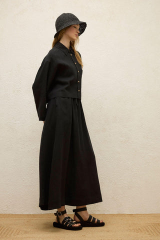 Long Sleeve Linen Crop Shirt Black