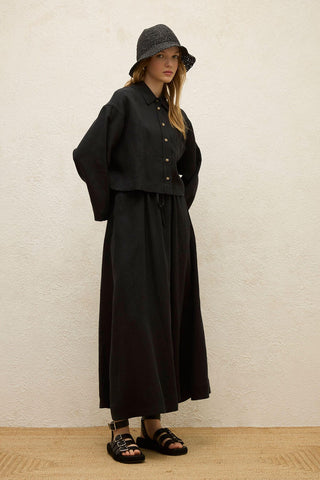 Long Sleeve Linen Crop Shirt Black