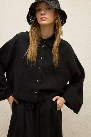 Long Sleeve Linen Crop Shirt Black
