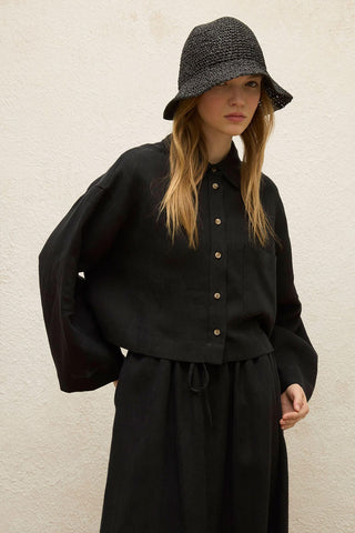 Long Sleeve Linen Crop Shirt Black