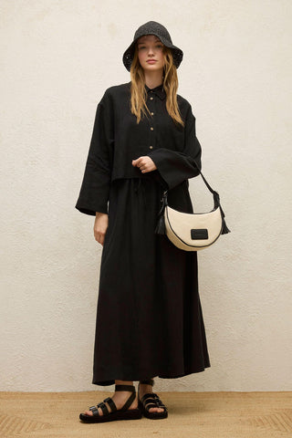 Long Sleeve Linen Crop Shirt Black