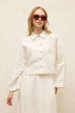 Long Sleeve Linen Crop Shirt Ecru