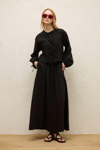 Linen Lace-Up Blouse Black