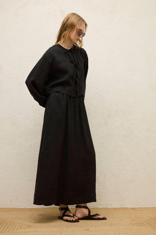 Keten Bağcıklı Bluz Siyah