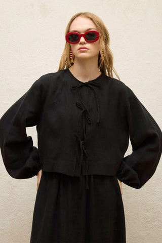 Linen Lace-Up Blouse Black