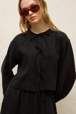 Linen Lace-Up Blouse Black