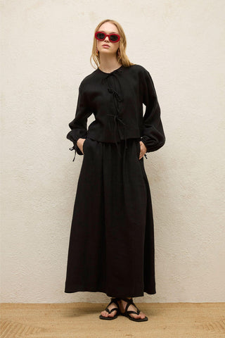 Loose Fit Linen Skirt Black