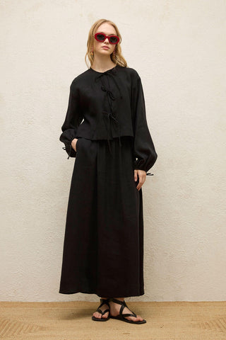 Loose Fit Linen Skirt Black